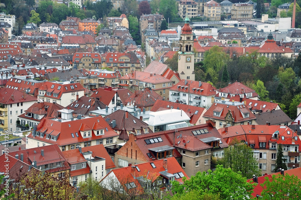 Panorama of Stuttgart, Baden-Wuerttemberg, Germany. Lots of red tiled roofs in perspective.