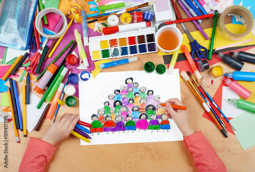 cartoon people team collection group portrait child drawing , top view hands with pencil painting picture on paper, artwork workplace