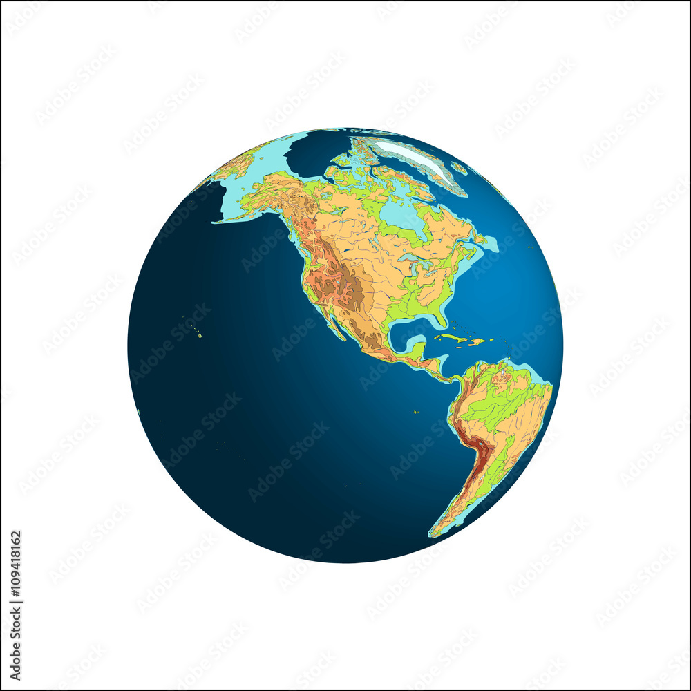 Fototapeta premium World Globe. Planet Earth. Western hemispheres. New World. South America and North America. Caribbean sea. Vector illustration. Isolated on white