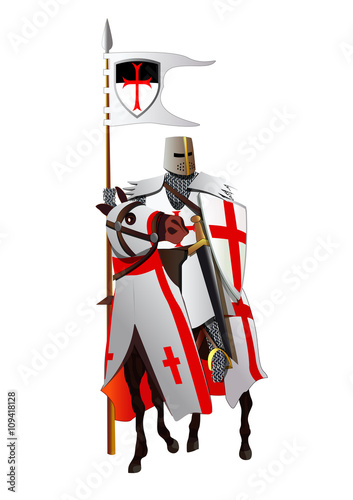 Medieval knight on a horse. Horseback templar. Vector illustration. Isolated on white. All pieces of the equipment are on separate layers.