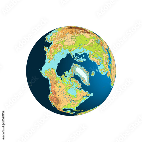 World globe. Planet Earth. North Pole, Arctic. Vector illustration, isolated on white.
