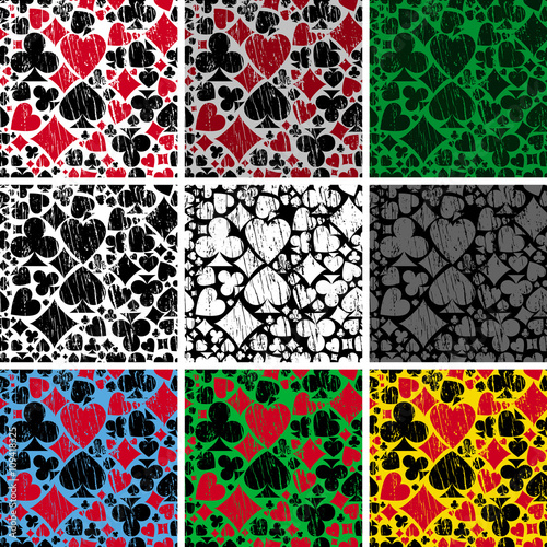 Set poker pattern. Set vector seamless casino background or worn texture with card suits
