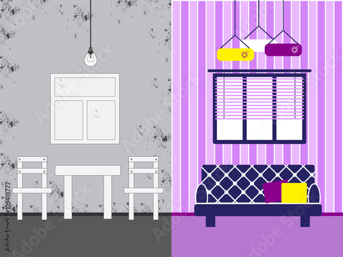 room before and after repair, redecoration