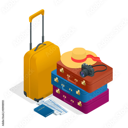 Travel bags, passport, foto camera and travel ticket. Isometric flat 3d vector illustration.