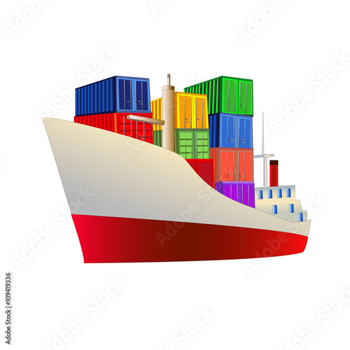 Cargo ship loaded with containers, vector illustration, isolated on white