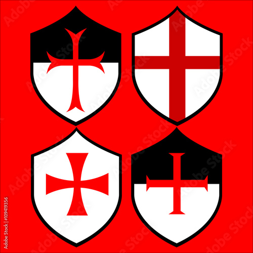 Shields of the Templar Knights. Vector illustration, isolated on red.