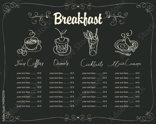 board with a breakfast menu for a restaurant with chalk drawings of dishes