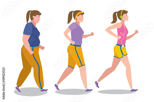 Weight loss stages on white background. Girl lose weight, keep fit and follow a diet. Become thin and slim. Shape change. Fit female character.