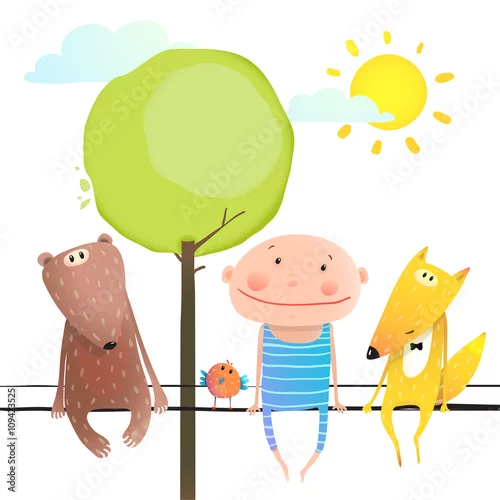 Naklejka na ścianę Przyjazne zwierzęta i dziecko słodkie śmieszne przyjaciele kreskówka siedzi wysoko