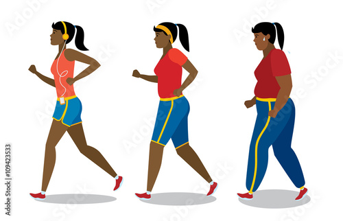 Weight loss stages on white background. African american girl lose weight, keep fit and follow a diet. Become thin and slim. Shape change. Fit female character.