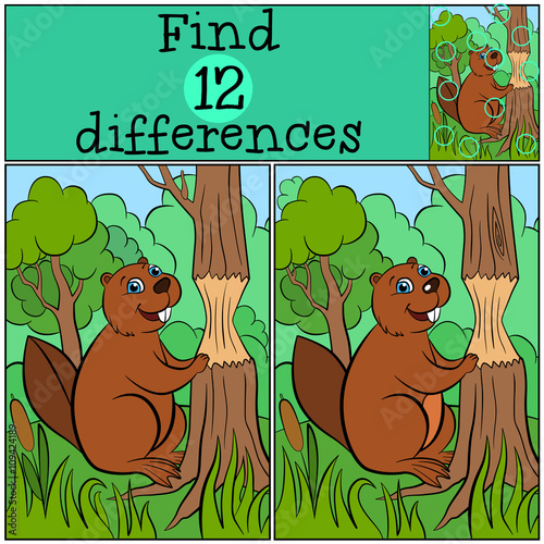 Children games: Find differences. Little cute beaver stands near the tree.