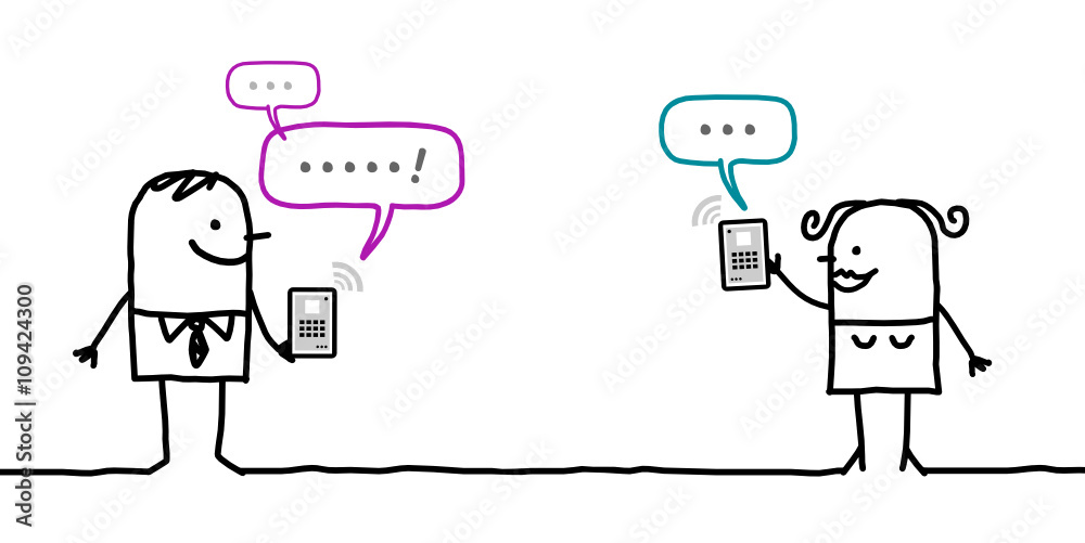 cartoon characters with tablet - message cartoon characters with tablet - message
