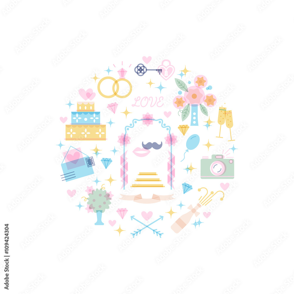 Thin line and flat icons of wedding, special occasions organization.