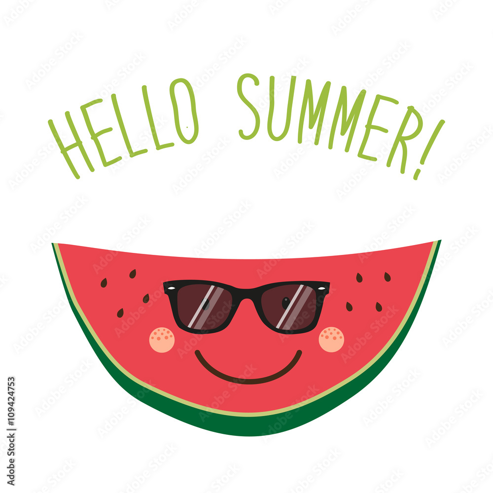 Cute card Hello summer as funny hand drawn cartoon character of watermelon and hand written text Cute card Hello summer as funny hand drawn cartoon character of watermelon and hand written text