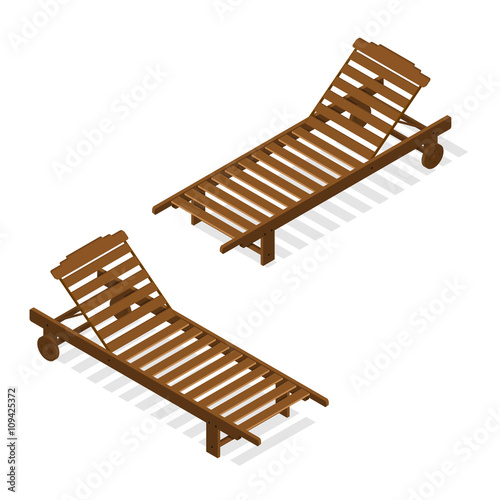 Sunbed for relaxing and sunbathing. Wooden beach bench.