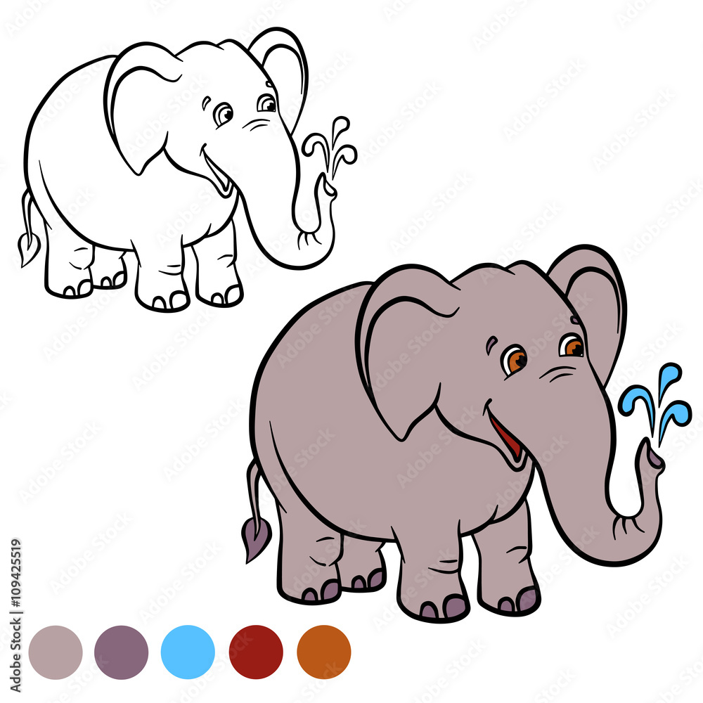 Fototapeta premium Coloring page. Color me: elephant. Little cute stands and smiles.