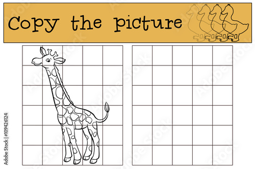 Children games: Copy the picture. Little cute giraffe stands and smiles.