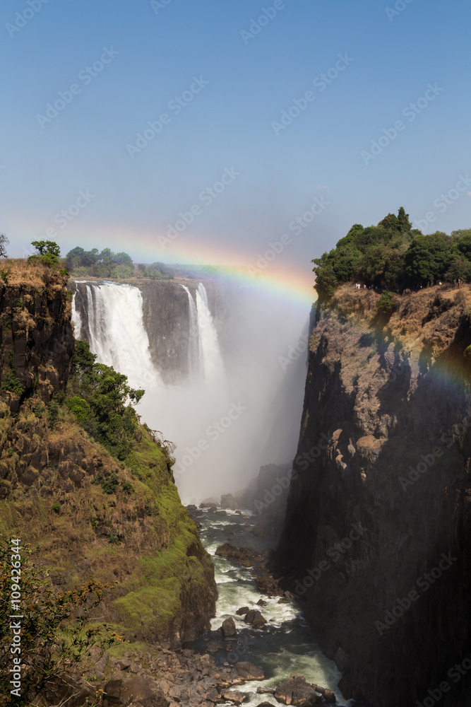 Victoria Falls in October with rainbow crossing