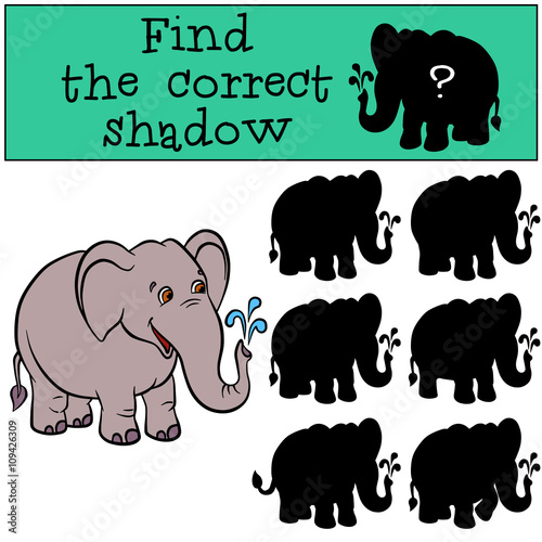 Children games: Find the correct shadow. Cute elephaht stands and smiles. photo