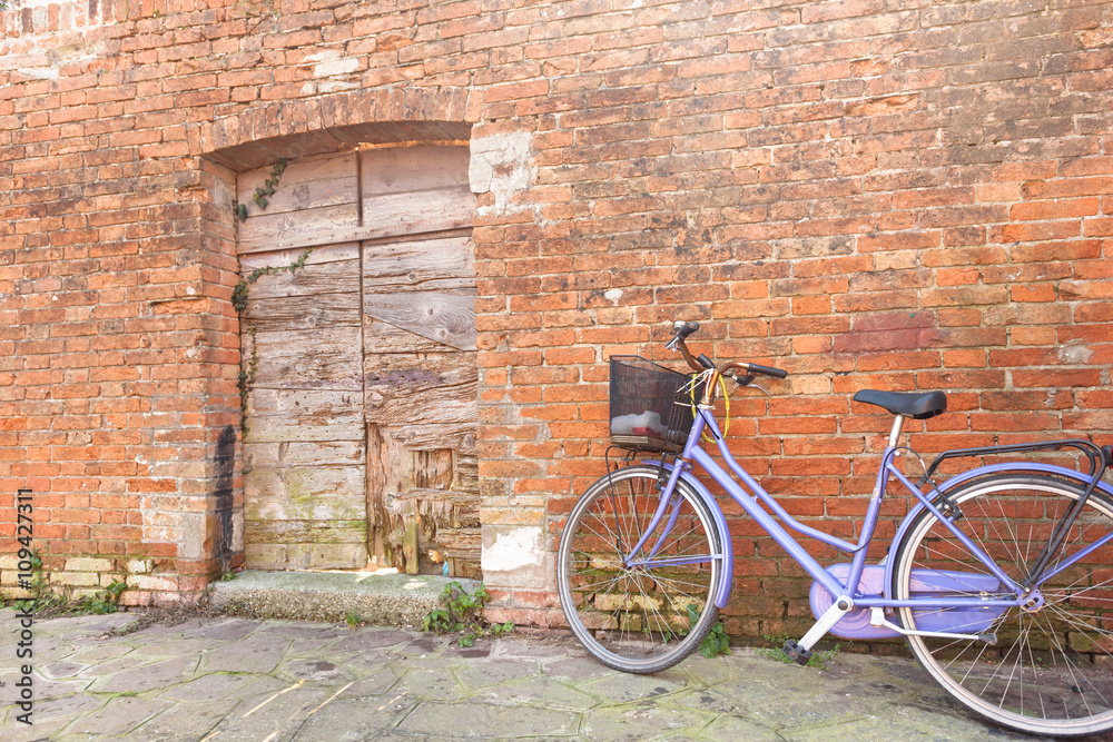 old violet bicycle parked long an external wall in Burano island