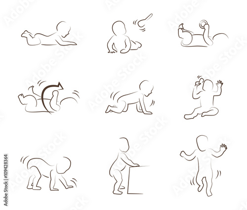 baby development icon, child growth stages. toddler milestones of first year