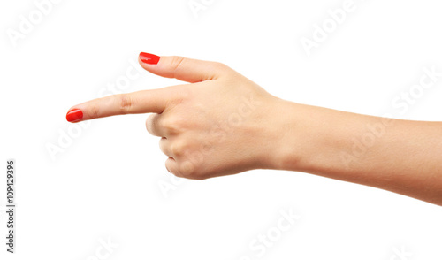 Woman hand making sign isolated on white background