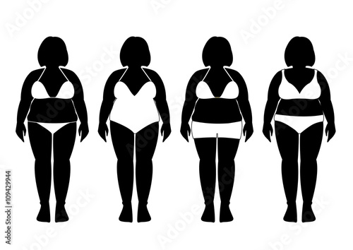 Collection of silhouettes of fat woman in bathing suits ,Vector illustrations