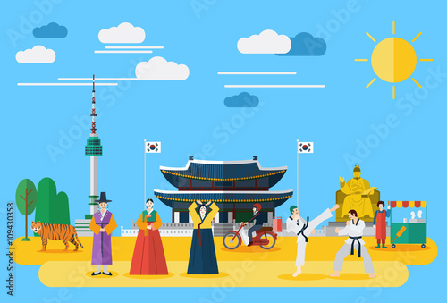 Flat design, Illustration of Korean landmarks and icons