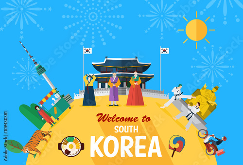 Photography Flat design, Illustration of Korean landmarks and icons