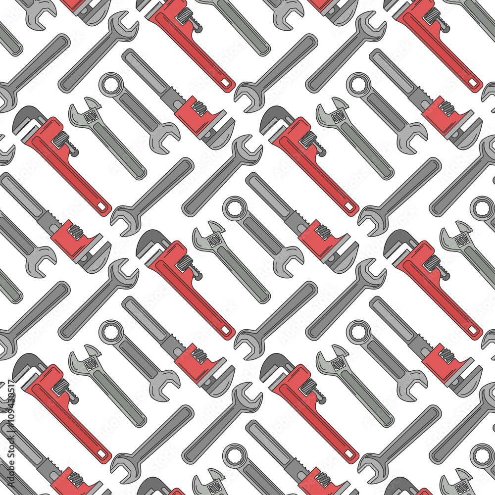 Wrenchs vector repeatable pattern for labor day. Style is flat wrench symbols on a white background. Vector illustration. Wrenchs vector repeatable pattern for labor day. Style is flat wrench symbols on a white background. Vector illustration.