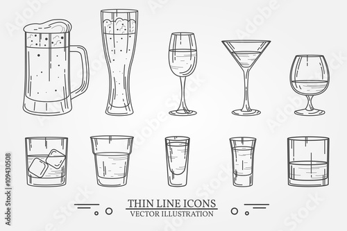 Set drink alcohol  glass for beer, whiskey, wine, tequila, cognac, champagne, brandy, cocktails, liquor. Vector illustration isolated on white background.