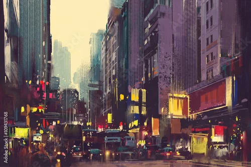 Obraz Miasto ruch drogowy i kolorowy światło w Hong Kong, ilustracyjny obraz