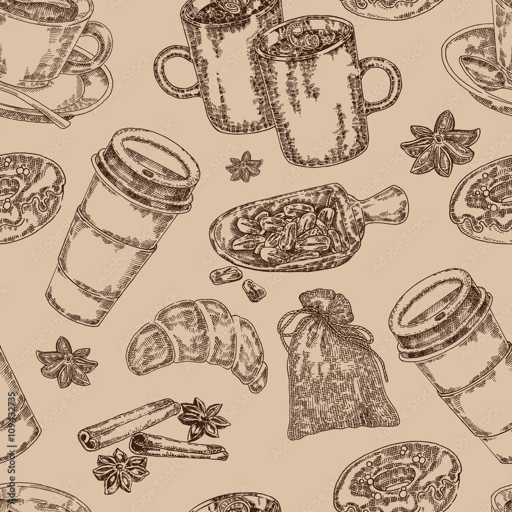 Hand drawn sketch coffee. Seamless coffee background. Vector