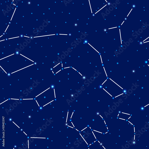 Vector seamless pattern. Space background night sky with the image of the constellations Ursa Minor, Ursa Major, Orion, Libra, Cancer. Elements for an astronomical astrological design