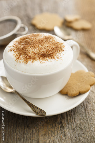 Cappuccino in white cup with cinnamon