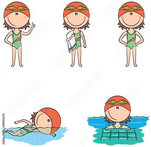 Cute vector swimmer girls in different sport situations