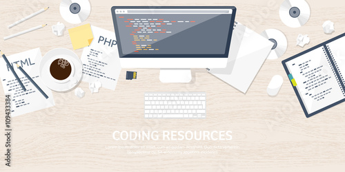  Programming,coding. Flat computing background. Code, hardware,software. Web development. Search engine optimization. Innovation,technologies. Mobile app. Vector illustration. SEO.