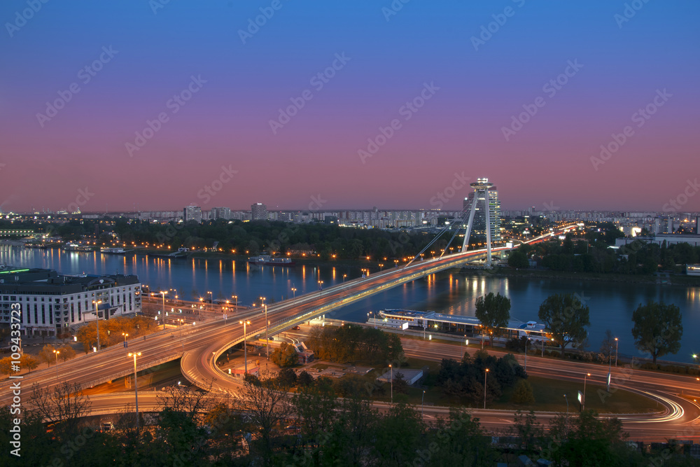 New bridge over Danube river in Bratislava,Slovakia at night