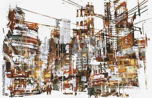 illustration painting of urban city with grunge texture