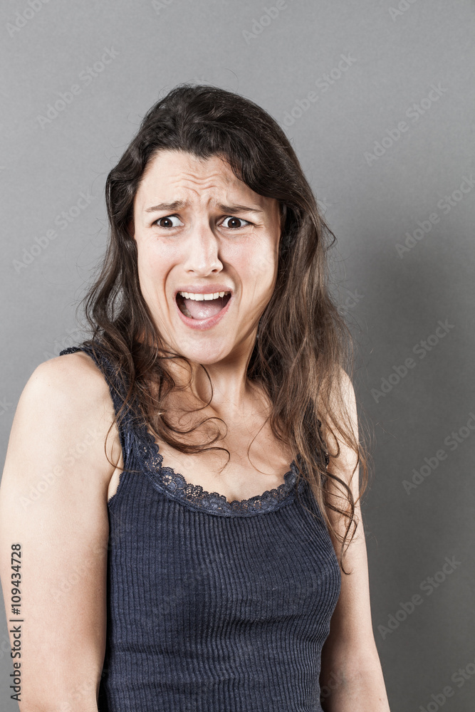 portrait of fear for disgusted young woman expressing fear portrait of fear for disgusted young woman expressing fear