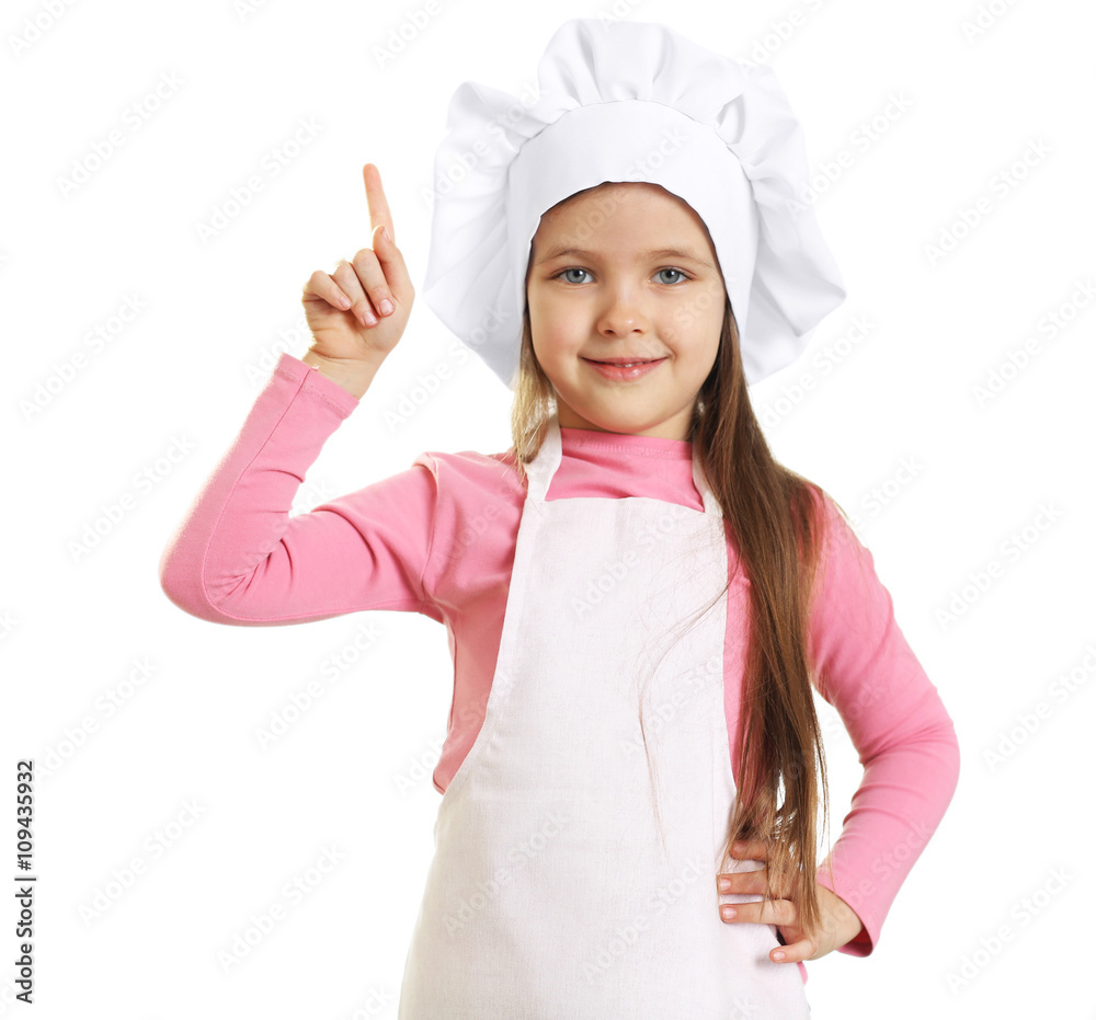 Beautiful little girl in chef uniform isolated on white Beautiful little girl in chef uniform isolated on white