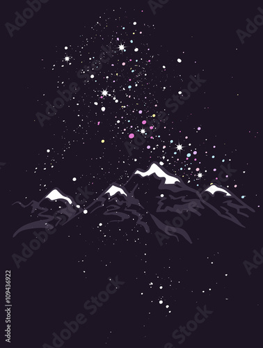 Milky Way over the Himalayan peaks. Mountains at the night time. Vector space background.