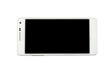 Modern white mobile smart phone with blank screen isolated on white background.