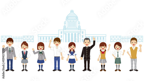 国会議事堂の前に立つ高校生