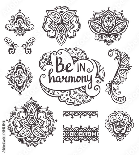 Set of Ornamental Boho Style flowers and elements. Vector illustration.