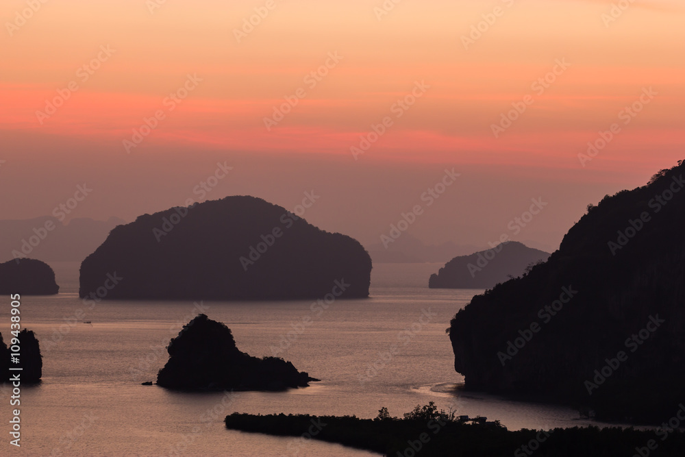 Sunrise at Samednangshe viewpoint in Phang Nga, Thailand