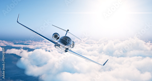 Image of black luxury generic design private jet flying in blue sky at sunset. Huge white clouds background. Business travel picture. Horizontal . 3d rendering