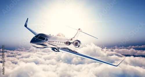 Obraz Fotografia czarnego luksusowego rodzajowego projekta intymnego strumienia latanie w niebieskim niebie. Ogromne białe chmury i słońce w tle. Koncepcja podróży biznesowych. Poziomy. Renderowania 3d