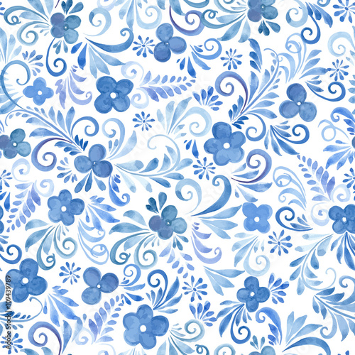 blue watecrolor flowers seamless pattern