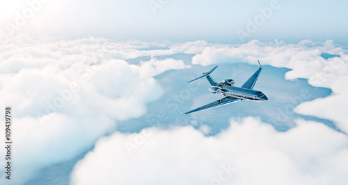 Photo of black luxury generic design private jet flying over the earth. Empty blue sky with white clouds at background. Business travel concept. Horizontal. 3d rendering